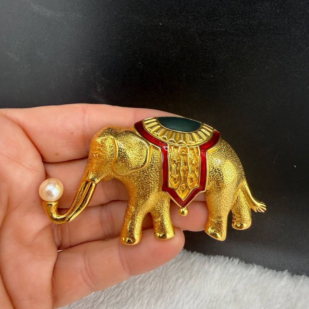Vintage Monet Elephant Brooch Gold Tone Enamel Faux Pearl Animal Figural